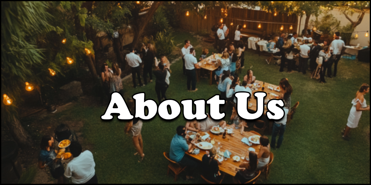 A group of people gather for an outdoor event in a garden with string lights, eating and socializing around tables; "About Us" is written across the image.