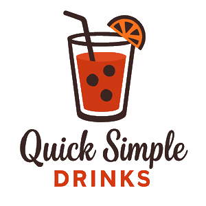 Logo featuring a glass of red beverage with ice cubes and an orange slice, above the text "Quick Simple Drinks" in bold and script fonts.