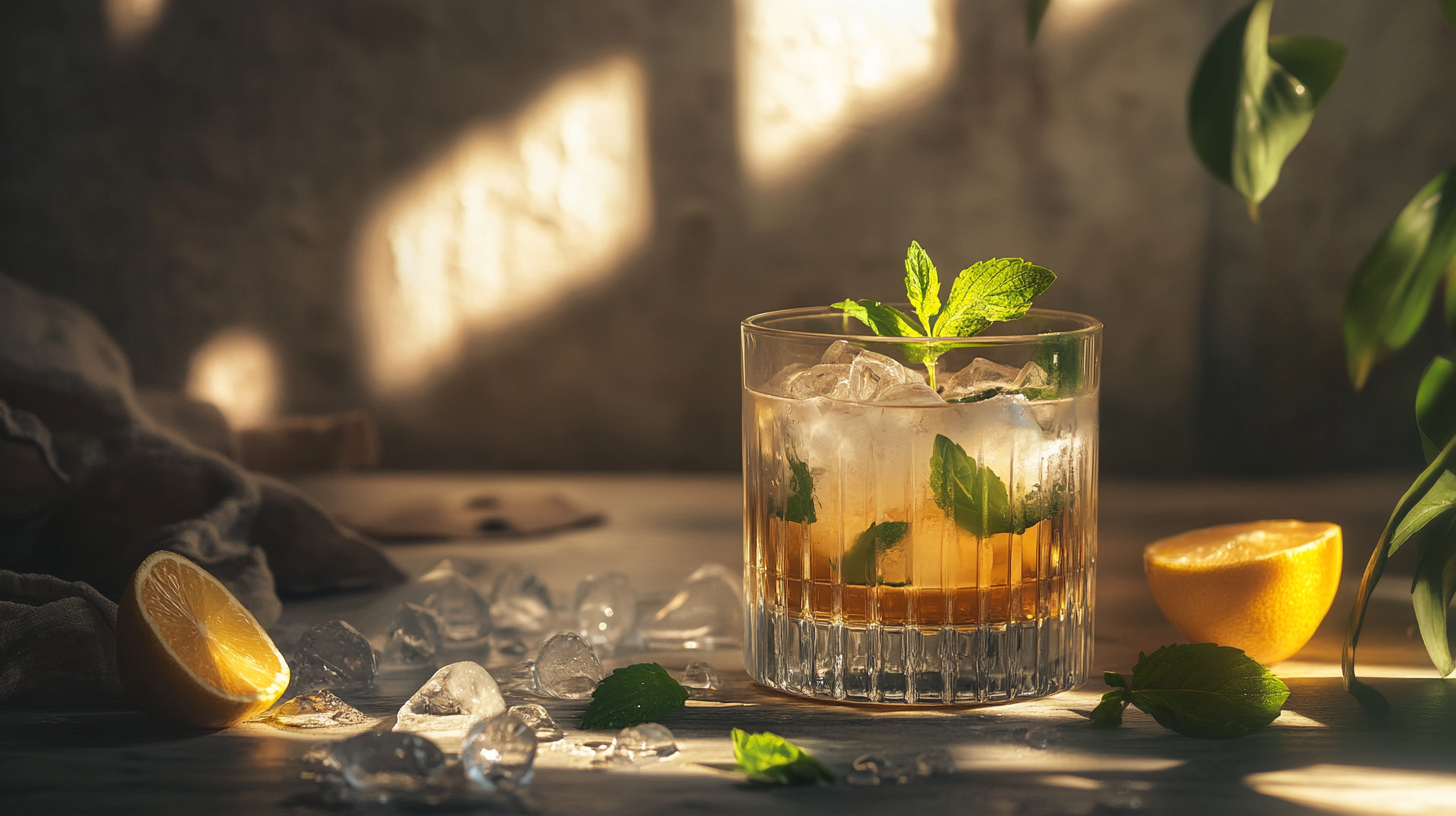 Quick Simple Drinks - A glass of iced cocktail with mint leaves sits on a table, surrounded by ice cubes, lemon halves, and a few scattered mint leaves in natural sunlight.